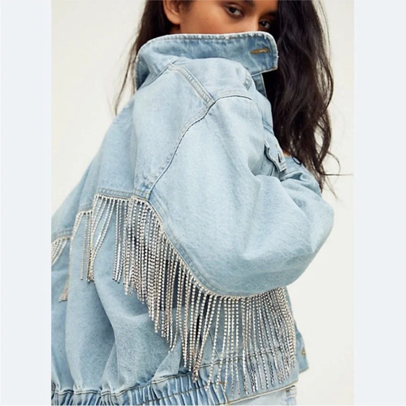 Free People Rhinestone Fringe Light Wash Denim Jean Bomber Jacket Size Small - Picture 3 of 14